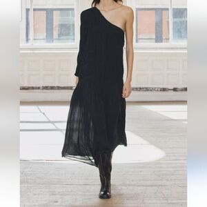 Zara Zw Collection Asymmetric One-Shoulder Pleated Long Dress Sz-L